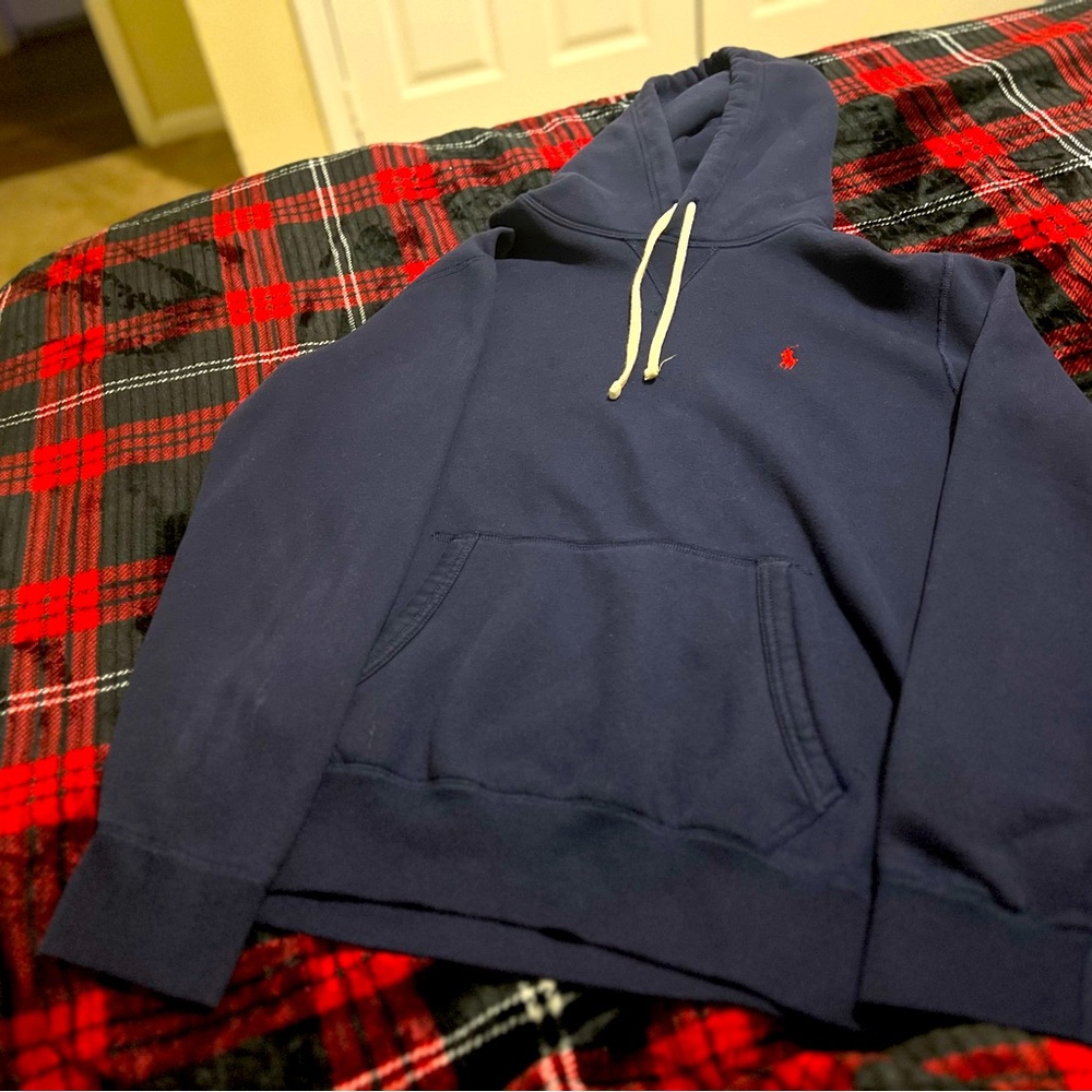 Navy blue POLO hoodie with red logo.size medium.very gently used.